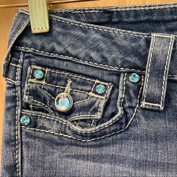 TRUE  RELIGION Sz 25 World Tour High Rise Boot Blue Bling Jeans - Picture 3 of 8